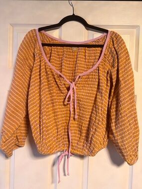 Plaid Tie-Front Peasant Blouse in Yellow and Pink